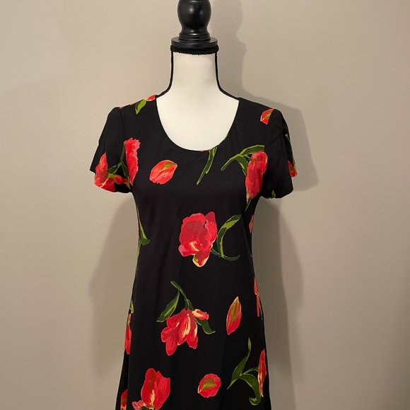 Hampton Dress Co. Vintage Red Rose Ruffled Hem Dress  sz 8  Very Nice!! EUC - Picture 2 of 6
